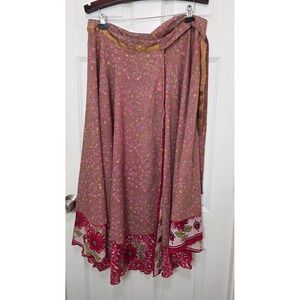 Wevez Silk Wrap Skirt Womens L Brown Red Floral Reversible Boho Maxi Skirt